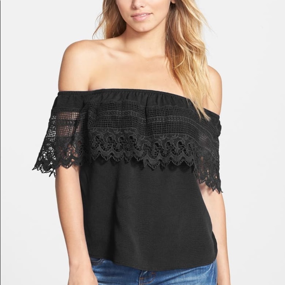 Socialite crochet off the shoulder lace bardot top